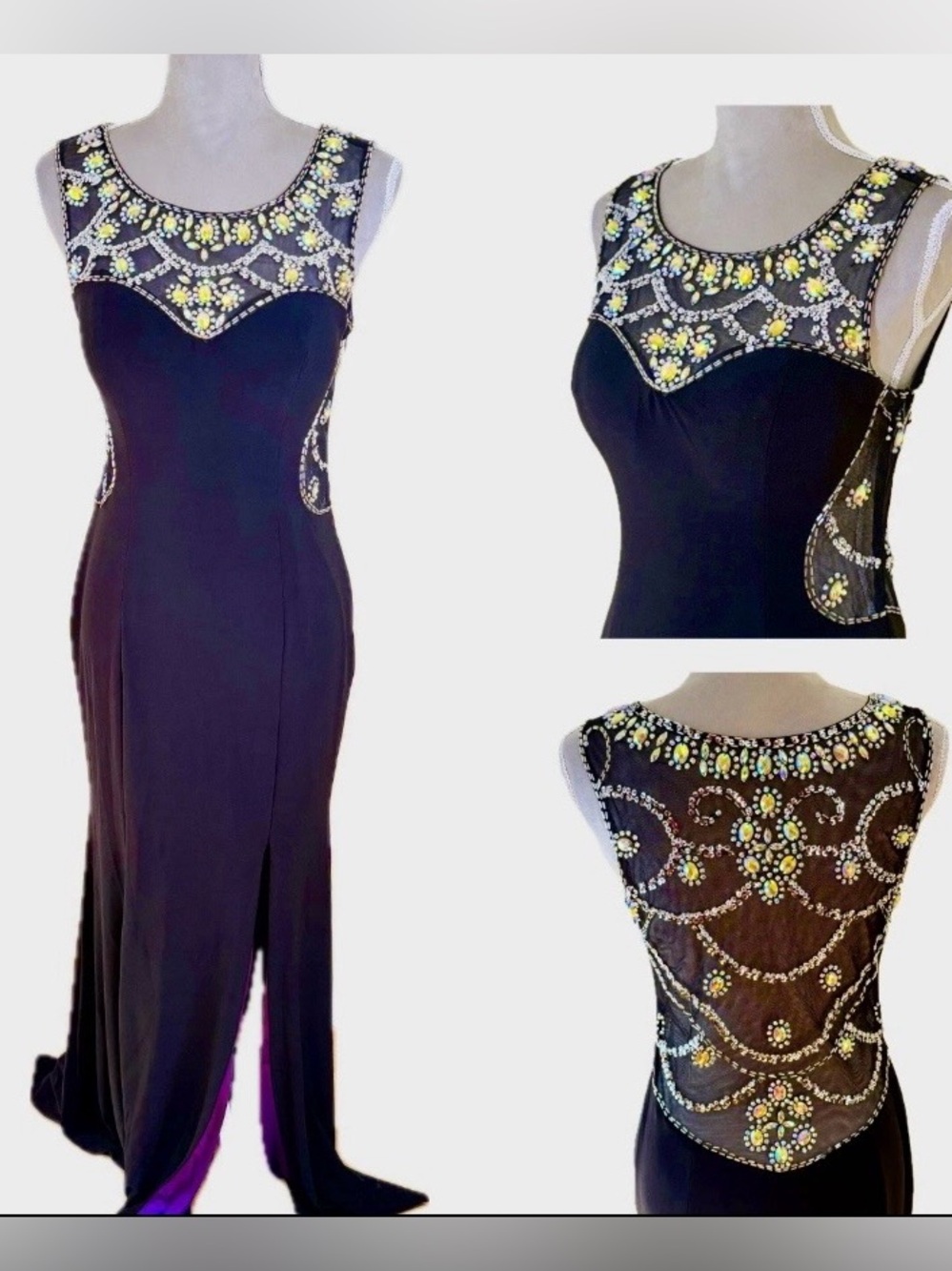 Vintage BETSY & ADAM Prom Dress Maxi Gown 10 Rhinestone Illusion Fairy Goth Glam